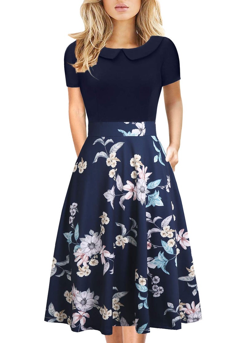 HELYO 1950s Dress for Womens Retro Elegant Vintage Casual Party Pockets Special Occasion Teen Girl Cocktail Rockabilly Work Dress 978 (Blue Floral M) - Image 1